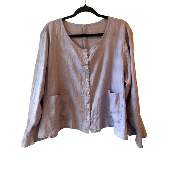FLAX Lavender Boxy Button Front Blouse 100% Linen sz L - XL Sustainable Lagenloo - Picture 1 of 8